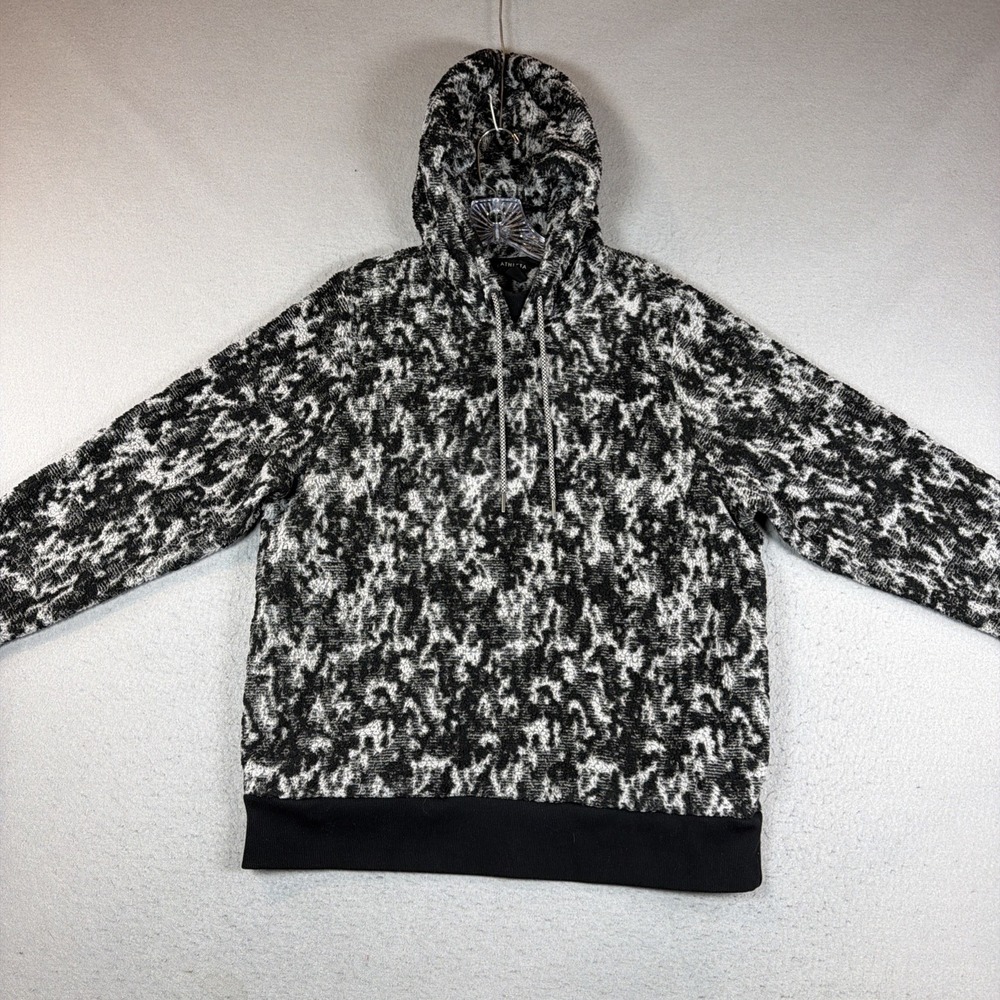Athleta Women's L Pullover Hooded Sweatshirt Gray Black Patterned Long Sleeve